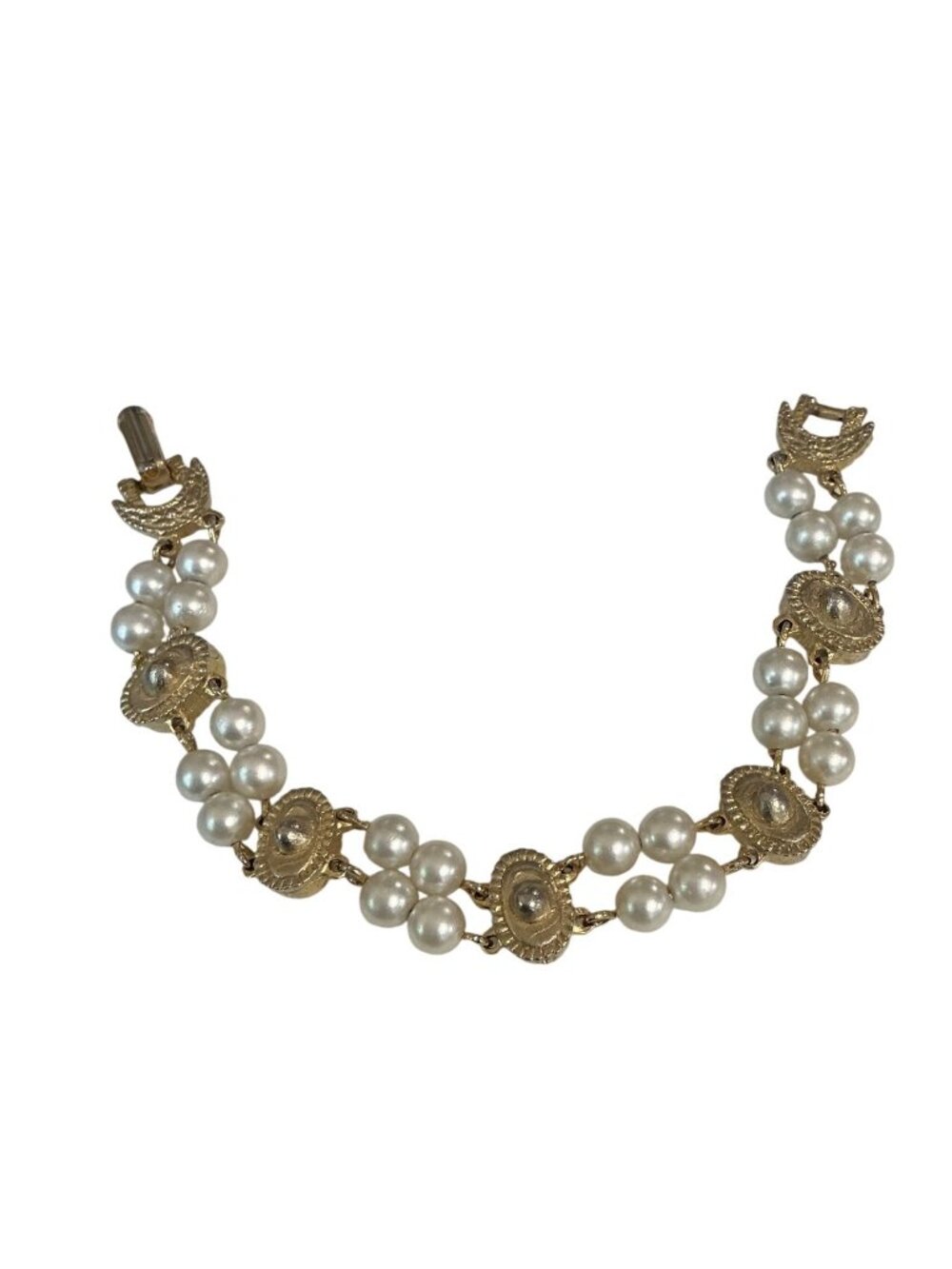Vintage Gold Tone Faux Pearl Bracelet 7-Inch Double Strand Elegant Design - Picture 2 of 5